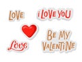 Valentine's Day stickers. love sticker pack Hand drawn lettering Vector and Flat heart isolated. Valentine's Day Royalty Free Stock Photo