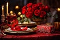 Valentine's day table setting with red roses and candles on a dark background