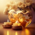 Valentine's Day. Valentine Gold Heart shaped candles and Gift on over glowing background. Beautiful Valentine card