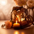 Valentine's Day. Valentine Gold Heart shaped candles and Gift on over glowing background. Beautiful Valentine card