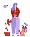 Valentine's day young girl holds a love plant near dove and watering can. Vector illustration for february 14 gift card Royalty Free Stock Photo