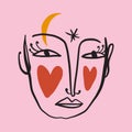 Valentines abstract face heart, groovy cute comic character. Boho doodle modern print funny handdrawn childish art