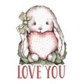 Valentines animals. cute bunny with a heart. love you. valentine's day illustration. Royalty Free Stock Photo