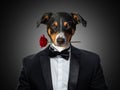Valentines Appenzeller Mountain dog in love holding a rose with mouth, in a suit looks, isolated on black background Royalty Free Stock Photo