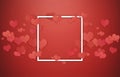 Valentines background. White frame with red hearts on red background, center blank space for copy space Royalty Free Stock Photo