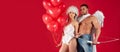 Valentines banner with sexy couple angels. Couple in love in angels wings holding colorful balloons and bow and arrow Royalty Free Stock Photo