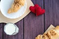 Valentines breakfast with croissants and milk Royalty Free Stock Photo