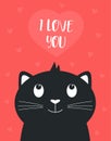 Valentines card with cute black cat and heart Royalty Free Stock Photo