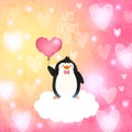 Valentines card with cute cartoon penguine