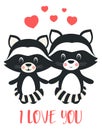 Valentines card with cute raccoons, vector illustration Royalty Free Stock Photo