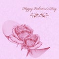 Valentines card with pink roses over textured lavender background. Pencil drawing