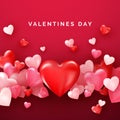 Valentines card with red shiny hearts. Bright Valentine`s day background. Vector Royalty Free Stock Photo