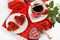 Valentines coffee and heart shaped toasts with raspberry jam