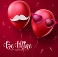 Valentines couple balloons vector concept design. Happy valentines be mine text