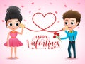 Valentines couple character vector design. Happy valentines day greeting typography with couple cartoon characters.