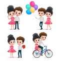 Valentines couple dating character vector set. Female and male lovers valentine character in walking, bike riding, surprising.
