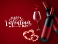 Valentines date with wine vector background. Happy valentines day greeting text with valentine dating element.