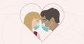 Guy and girl kiss in protective masks. Antiviral protection during the coronavirus pandemic. Happy Valentines Day 2021