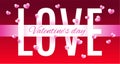 Valentine`s day. Vector illustration. 3d pink paper hearts with word love. Cute love sale banner or greeting card on isolated red Royalty Free Stock Photo