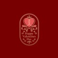 Valentines Day Abstract Curly Heart Label with Oval Retro Frame and Vintage Typography. Gold and Red Classy Colors