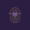 Valentines Day Abstract Curly Heart Label with Retro Oval Frame and Vintage Typography. Classy Purple Color Greeting