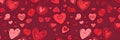 Valentines day abstract red hearts background banner, scandinavian style illustration, artistic doodle. Panoramic web