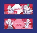 Valentines day angel statue sale offer banner template vector illustration. Clearance background flyer, poster. Royalty Free Stock Photo