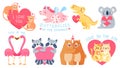 Valentines day animal couples. Cute unicorn with butterflies, cats, bears, koala and flamingo in love. Cartoon animals
