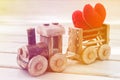 Valentines day background symbol. Two heart in toy train. Concept of love Royalty Free Stock Photo