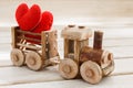 Valentines day background symbol. Two heart in toy train. Concept of love Royalty Free Stock Photo