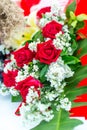 Valentines day background. Beautiful bouquet of roses on wooden table . Luxury bouquet made of red roses in flower shop Valentines Royalty Free Stock Photo