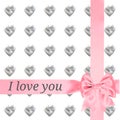 Valentines day background card ribbon with bow gift hearts text I love you