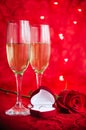 Valentines day background with champagne, ring and rose Royalty Free Stock Photo