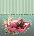 Valentines Day background with chocolate candies. Assortment of candies in box and card with text love you, top view