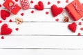 Valentines day background concept. Top view of Red gift box with handmade red heart Royalty Free Stock Photo