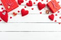 Valentines day background concept. Top view of Red gift box with handmade red heart Royalty Free Stock Photo