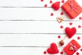 Valentines day background concept. Top view of Red gift box with handmade red heart Royalty Free Stock Photo