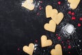 Valentines day background with cookies in shape of heart. Sweet baking. Top view. Royalty Free Stock Photo