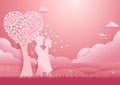 Valentines day background. Couple standing under tree of love