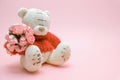 Valentines Day background. Cute teddy Bear toy with bouquet of flowers on pink background. February 14 greeting card. Royalty Free Stock Photo