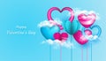 Valentines Day Background with 3d heart shape balloon, paper love, cloud in pink, blue and white color, applicable for invitation Royalty Free Stock Photo