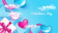 Valentines Day Background with 3d heart shape, paper love, cloud, gift box with ribbon in pink, blue and white color, applicable Royalty Free Stock Photo