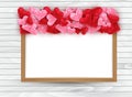 Valentines Day background with 3d pink and red hearts on whiteboard in wooden frame. Love background design concept. Romantic invi Royalty Free Stock Photo