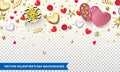 Valentines day background design of hearts and gold glitter confetti or flower pattern for holiday. Vector Valentine poster of gli