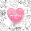 Valentines Day background with doodle hand drawn objects in sketch style-lollipop  glazed donut  glass of champagne  gift boxes Royalty Free Stock Photo
