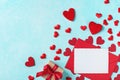 Valentines day background. Envelope, greeting card, gift box and red hearts for holiday message