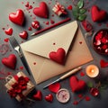 Valentines Day Background Featuring Envelope, Greeting Card, and Red Hearts. Generative ai for illustrations