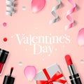 Valentines Day background with gift box, cosmetics