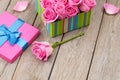 Valentines day background with gift box full of pink roses Royalty Free Stock Photo