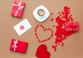 Valentines Day background. Gifts, hearts confetti,